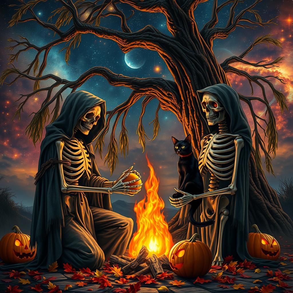 Medieval Skeletons Carving Pumpkins Under Cosmic Sky