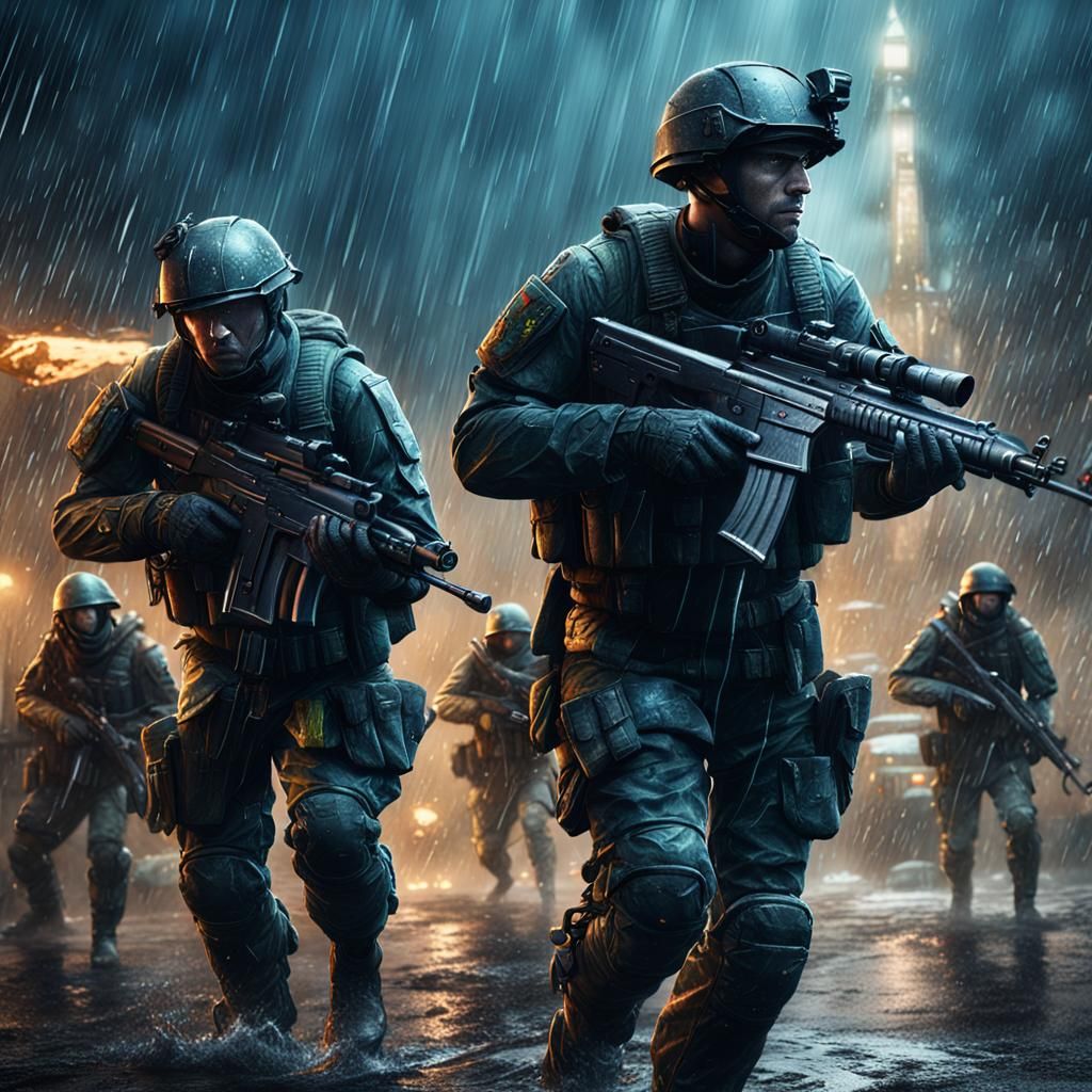 Modern Soldiers Fighting in Rain: Detailed Matte Painting