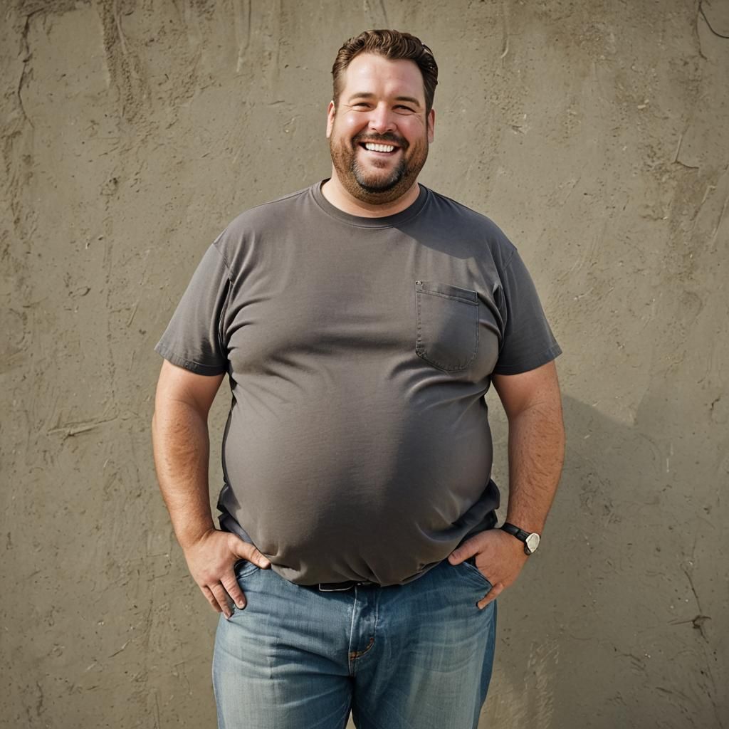 Smiling Obese Man with Potbelly on Beach