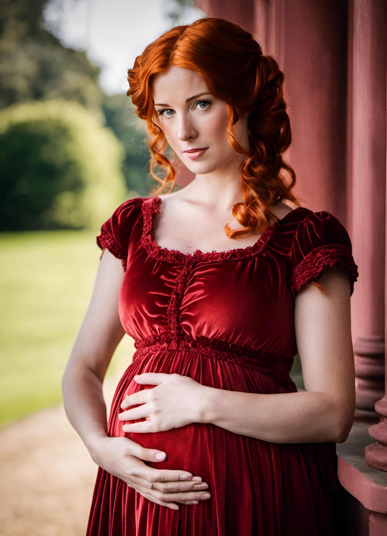 Pregnant Woman in Red Velvet Dress Portrait