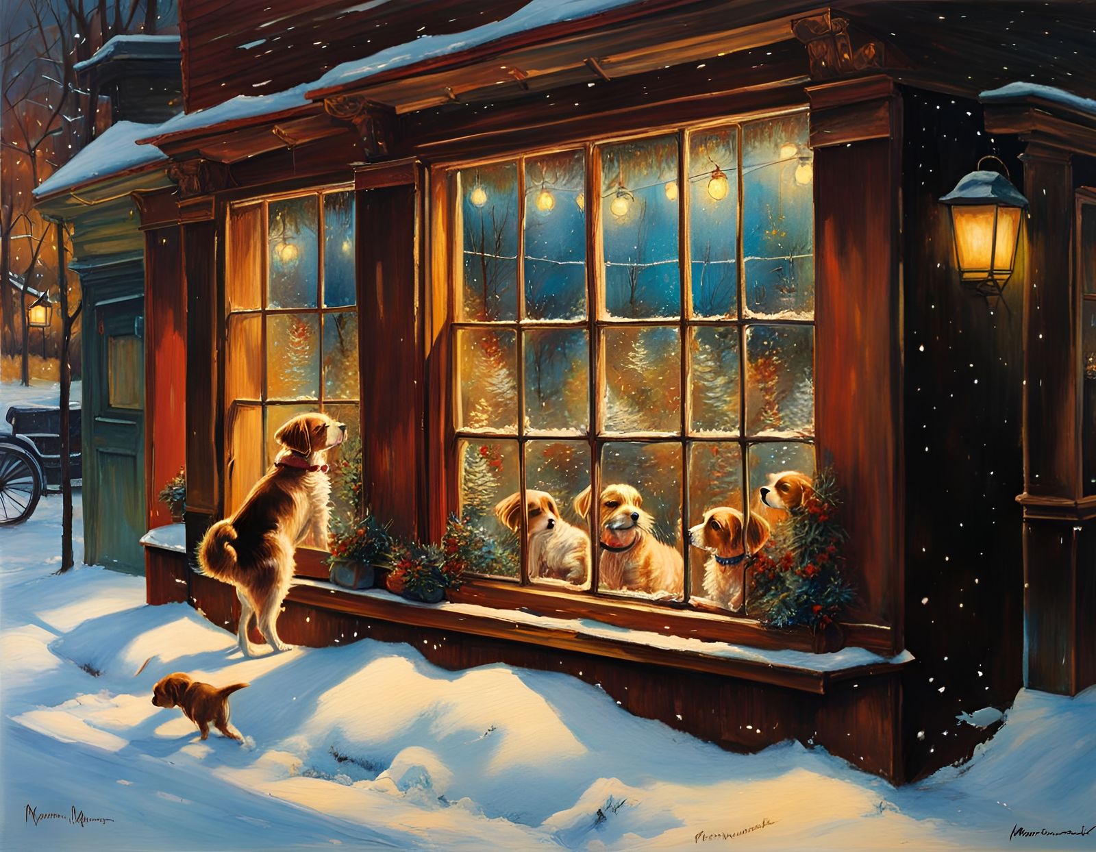 Dog Looking into Pet Shop Window as Oil Painting