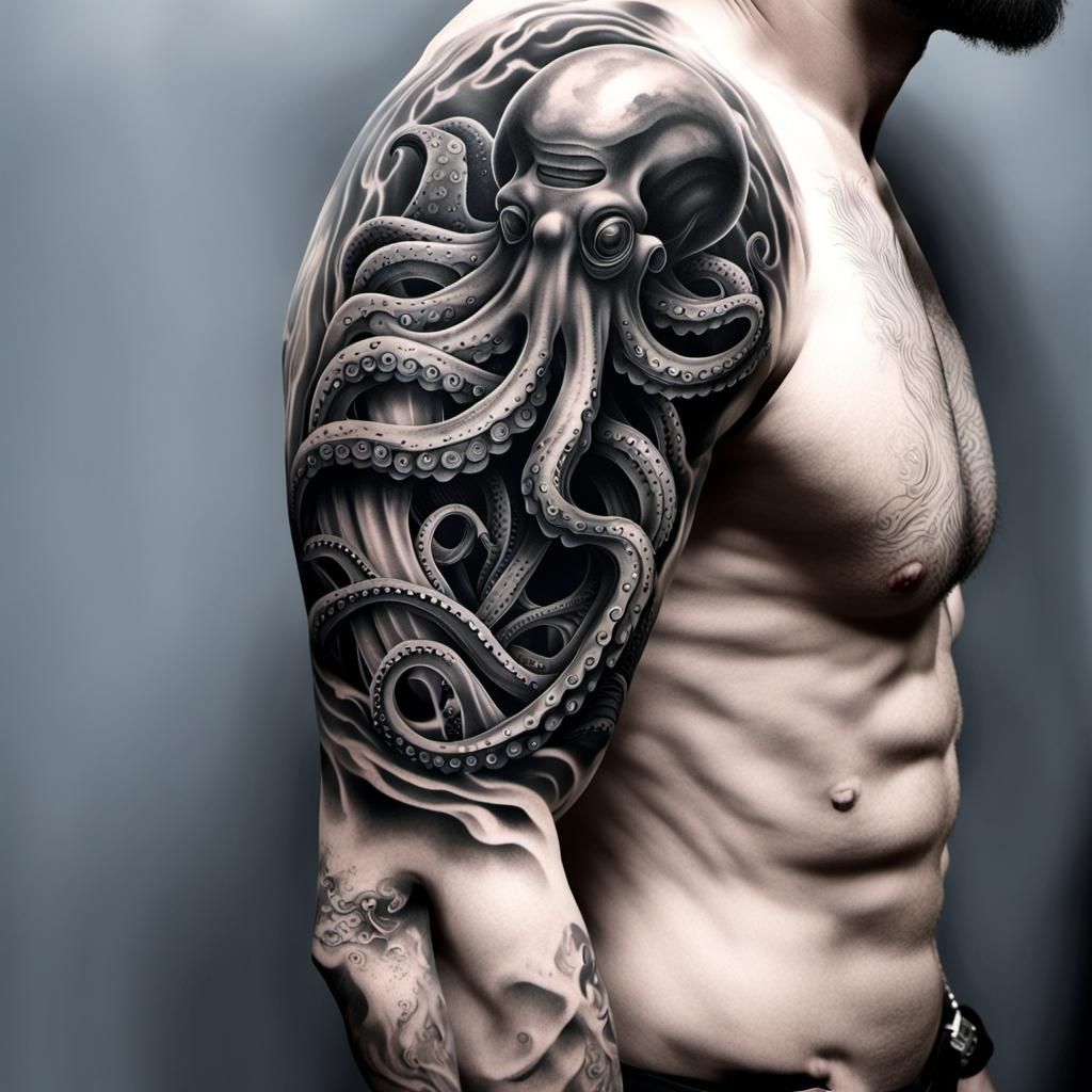 Mechanical Octopus Tattoo Sleeve in Black and Grey