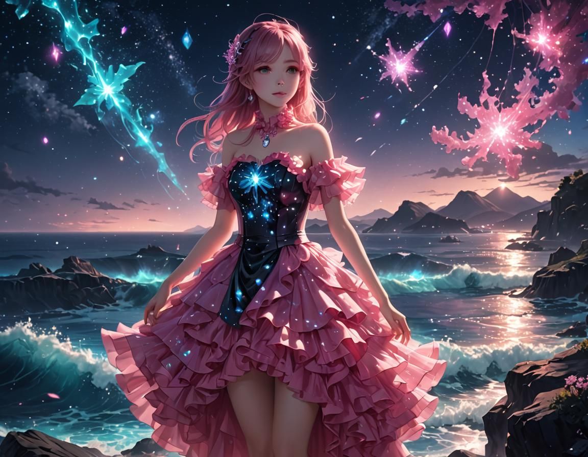 Bioluminescent Ocean Under Starry Galaxy in Anime Style