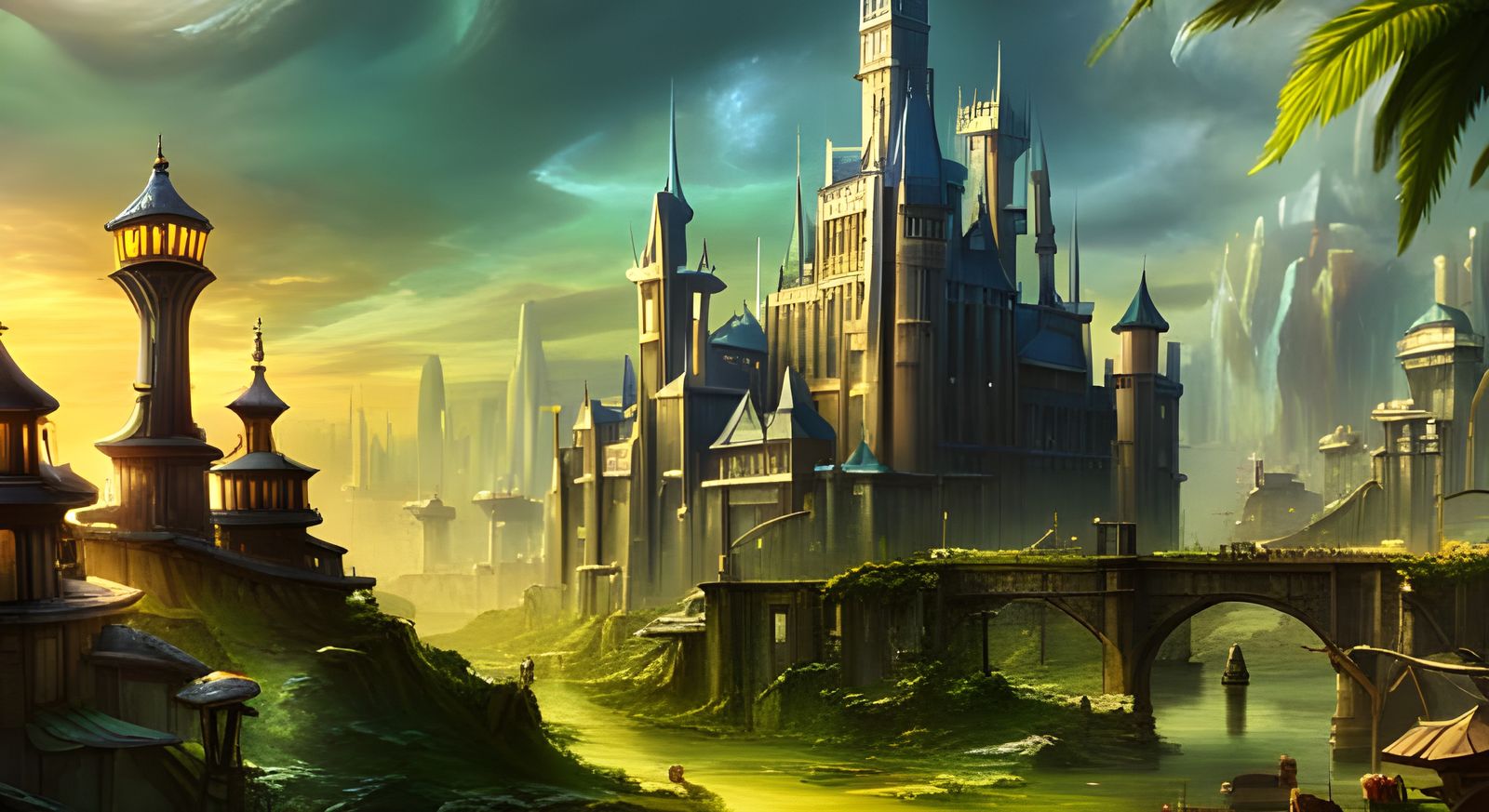Fantasy Cyberpunk Steampunk City with Castle