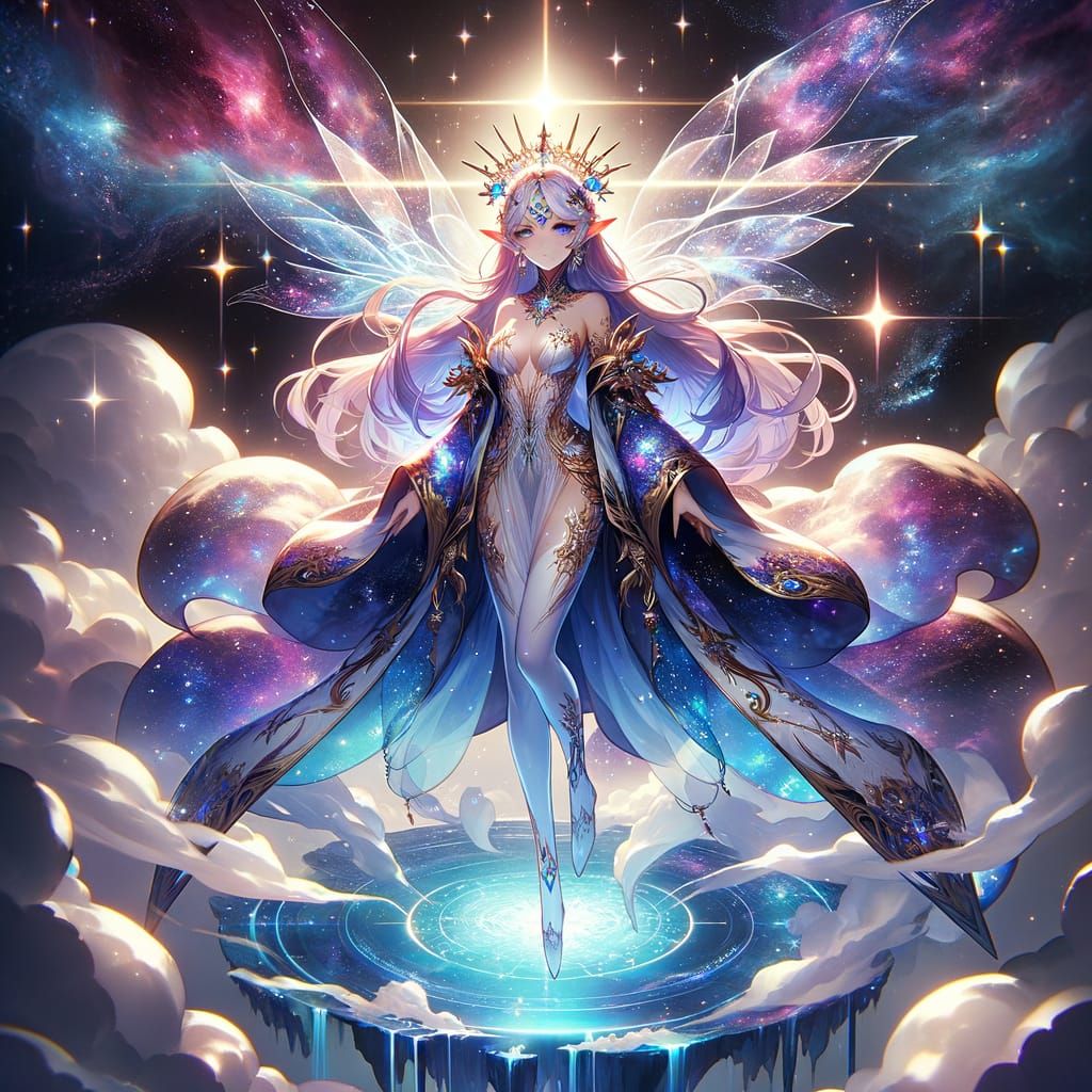 Celestial Elf Goddess in Shimmering Robes, Standing on a Lum...