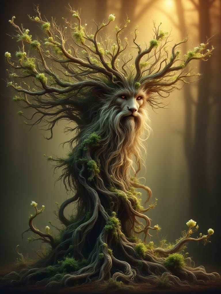 Wise Ent Tree in Winter Forest at Sunset