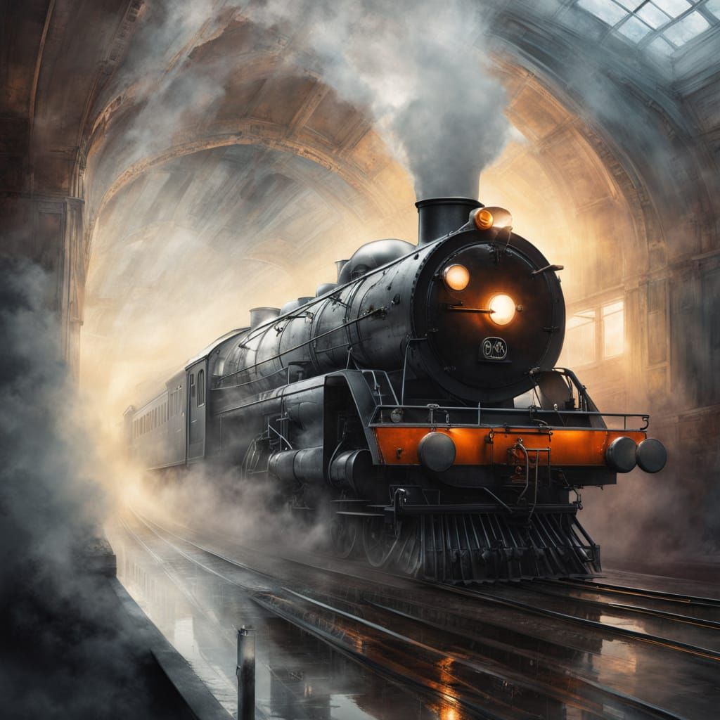 Sleek Train Speeds Through Moonlit Tunnel in Vibrant Waterco...