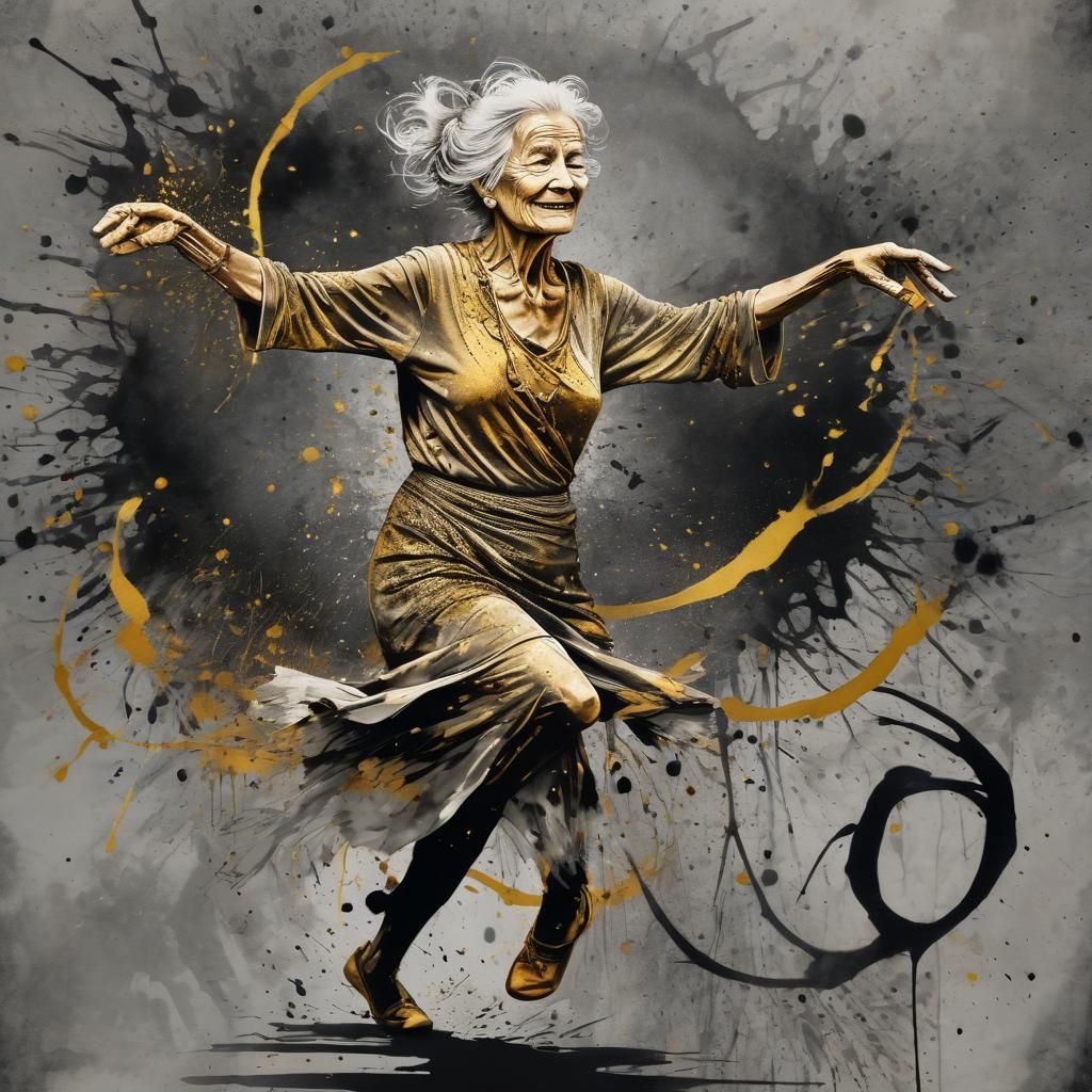 Ink Splatter Art of Dancing Woman in Gold