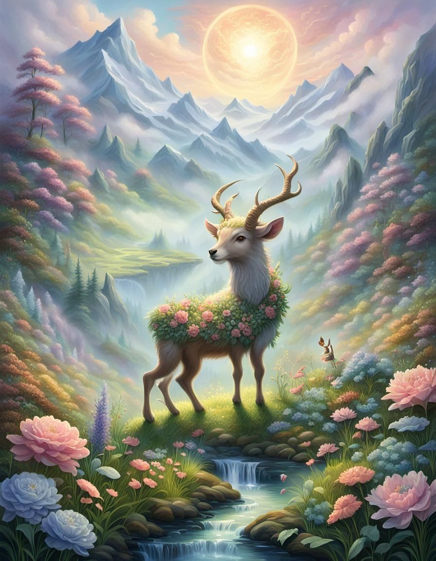 Faun Gazing at Shimmering Portal in Floral Meadow