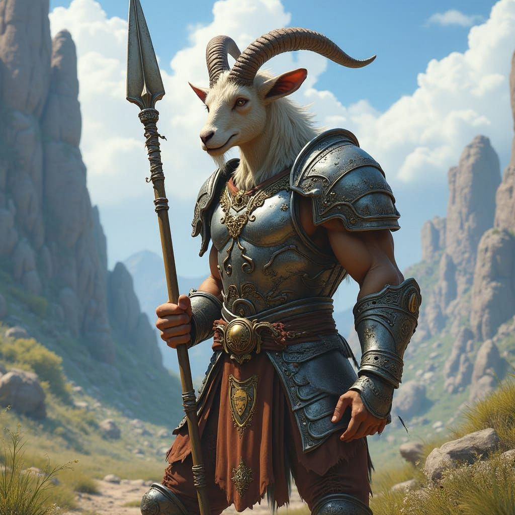 Armored Goat Warrior with Ornate Spear, Detailed Matte Paint...