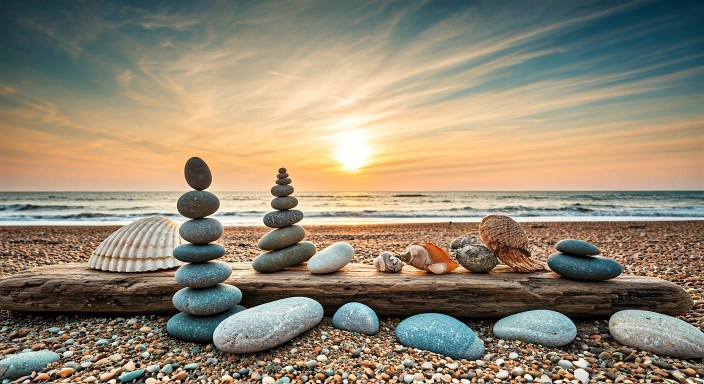 Whimsical Beach Treasures in a Golden Hour Collage