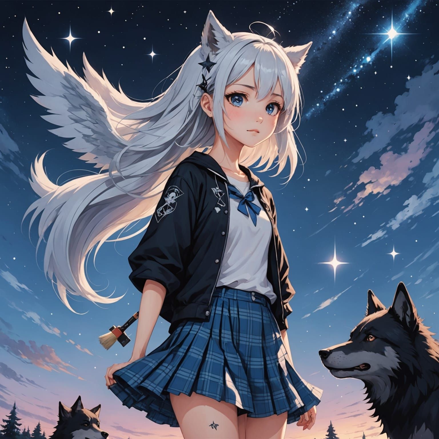 Anime Girls Painting Sky in Cel-Shaded Style