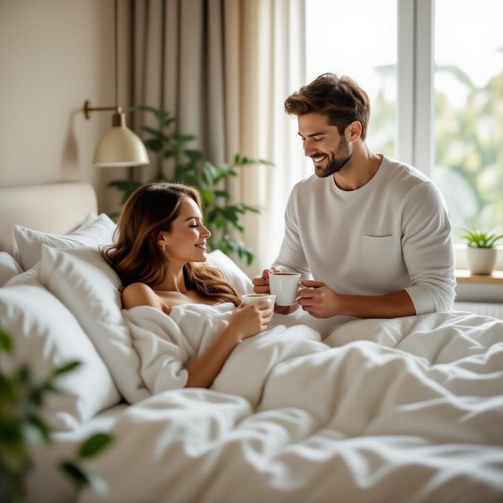 Woman in Bed Receiving Coffee, Ultra-Realistic Photography