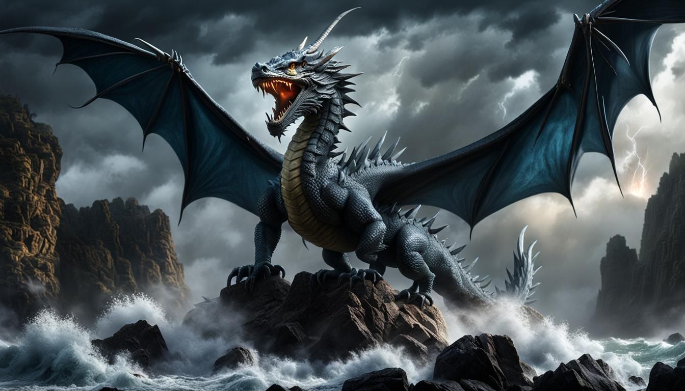 Majestic Storm Dragon Roaring on Cliff