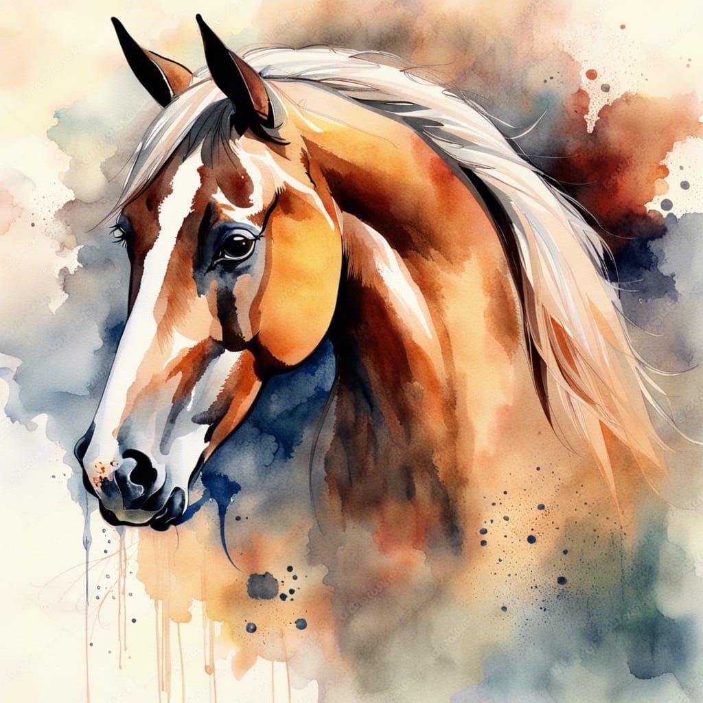 Watercolor Arabian Stallion in Abstract Pasture