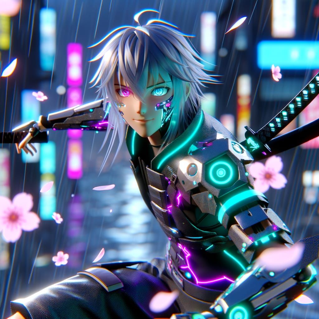 Cyber-Samurai Warrior in Neo-Tokyo: Anime Key Visual