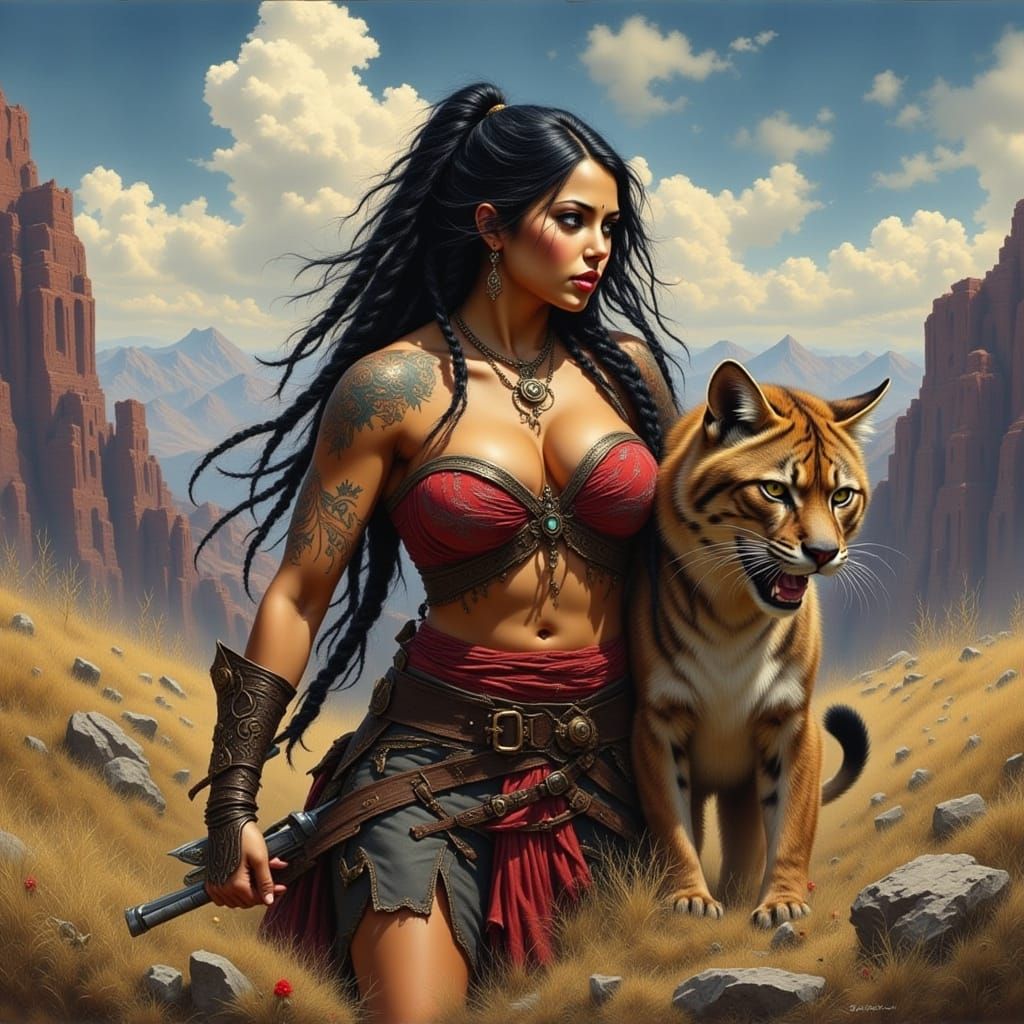 Latina Warrior Huntress with Mountain Lion Companion