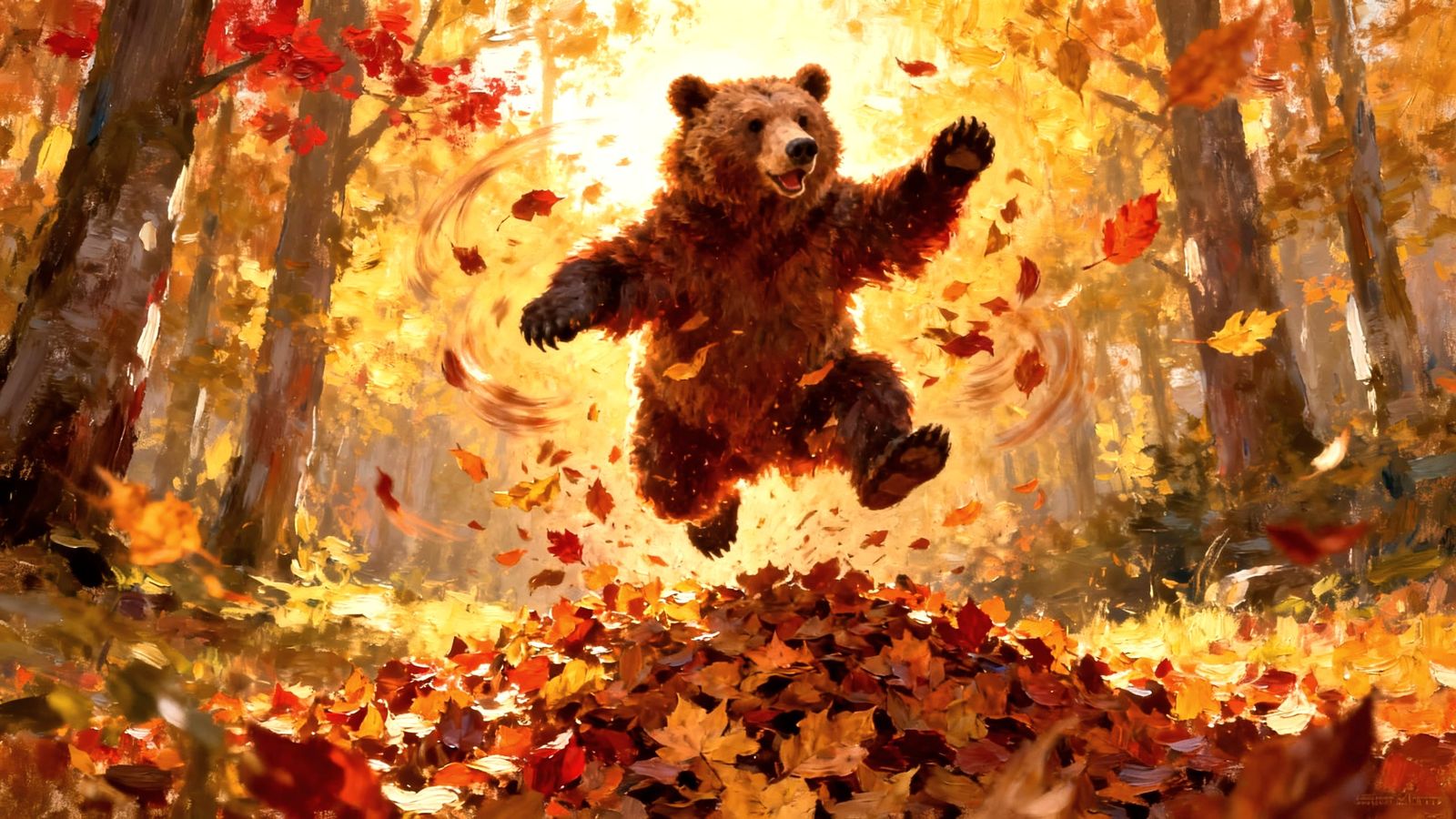 Brown Bear Leaping in Autumn Leaves