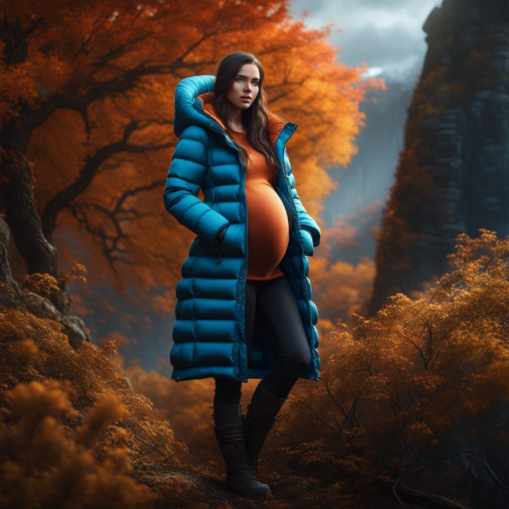 Pregnant Teen in Down Jacket: Detailed Matte Painting
