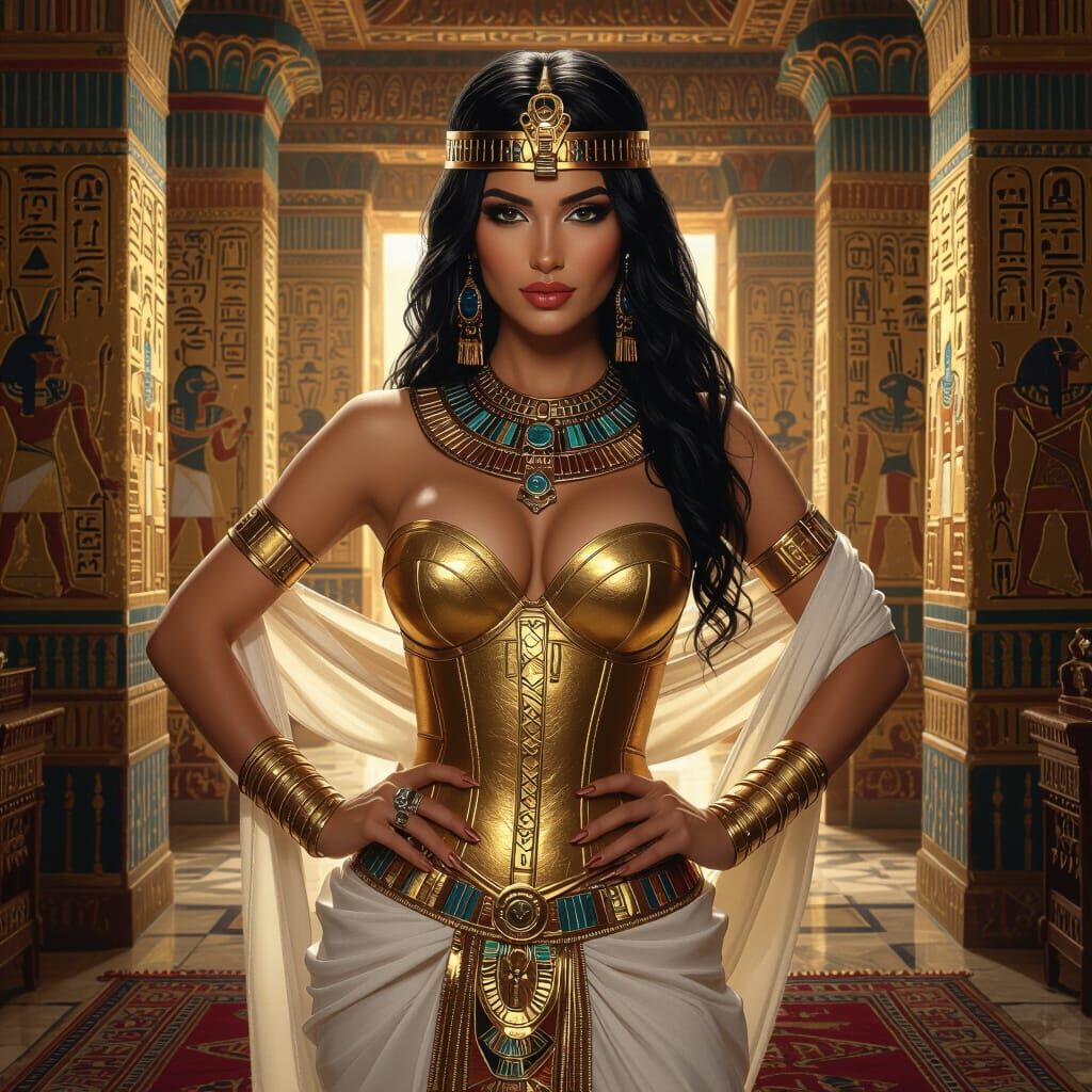 Egyptian Queen in Opulent Palace: Hyper-Detailed 8k Painting