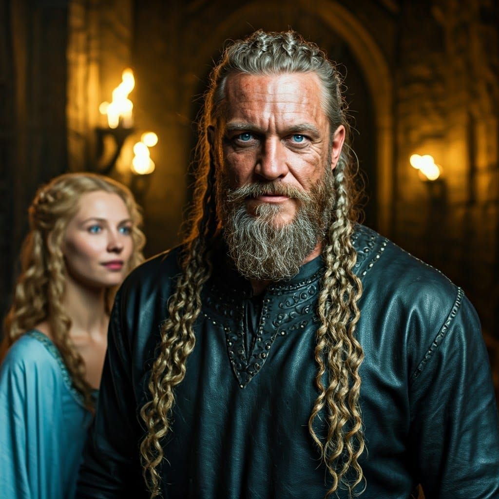 Viking Warrior and Companion in Castle Hall