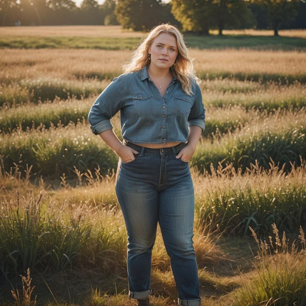 Plus-Sized Blonde in Sunlit Field: Fashion Photography