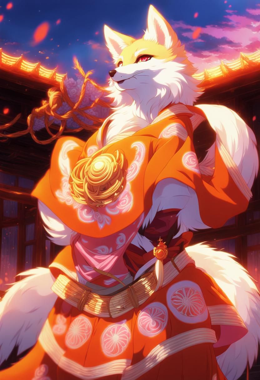 Furry Fox Woman in Shrine: Japanese Anime Style