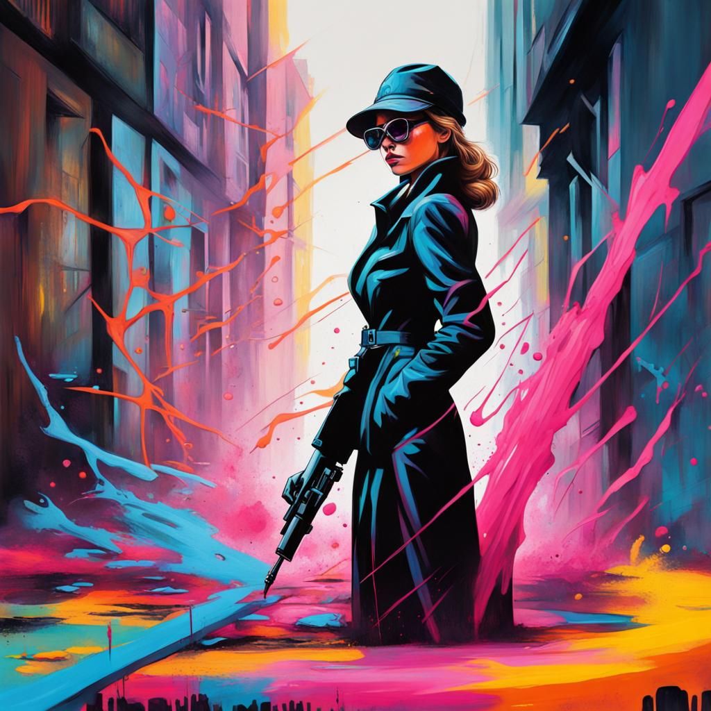 Female Spy Surrounded by Lasers in Graffiti Style