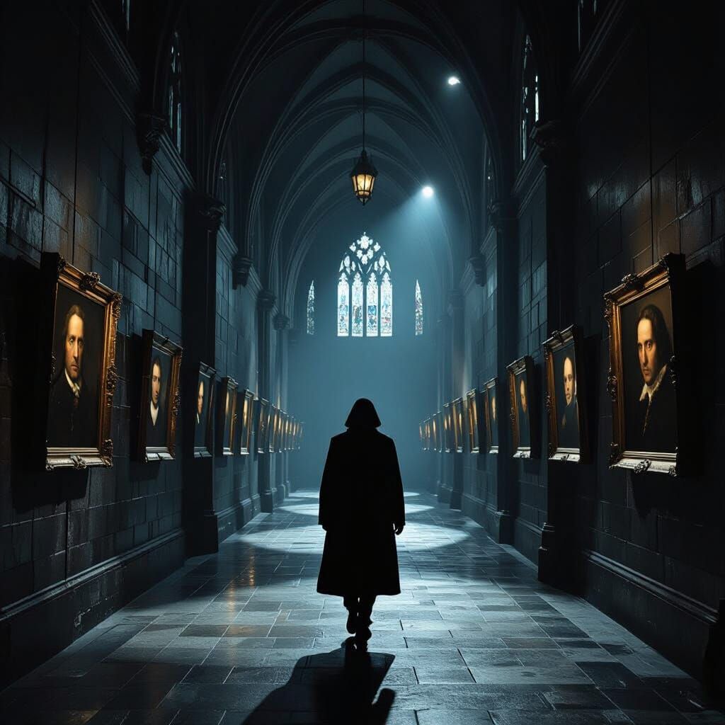 Shadowy Gothic Corridor with Modern Portraits in Film Style