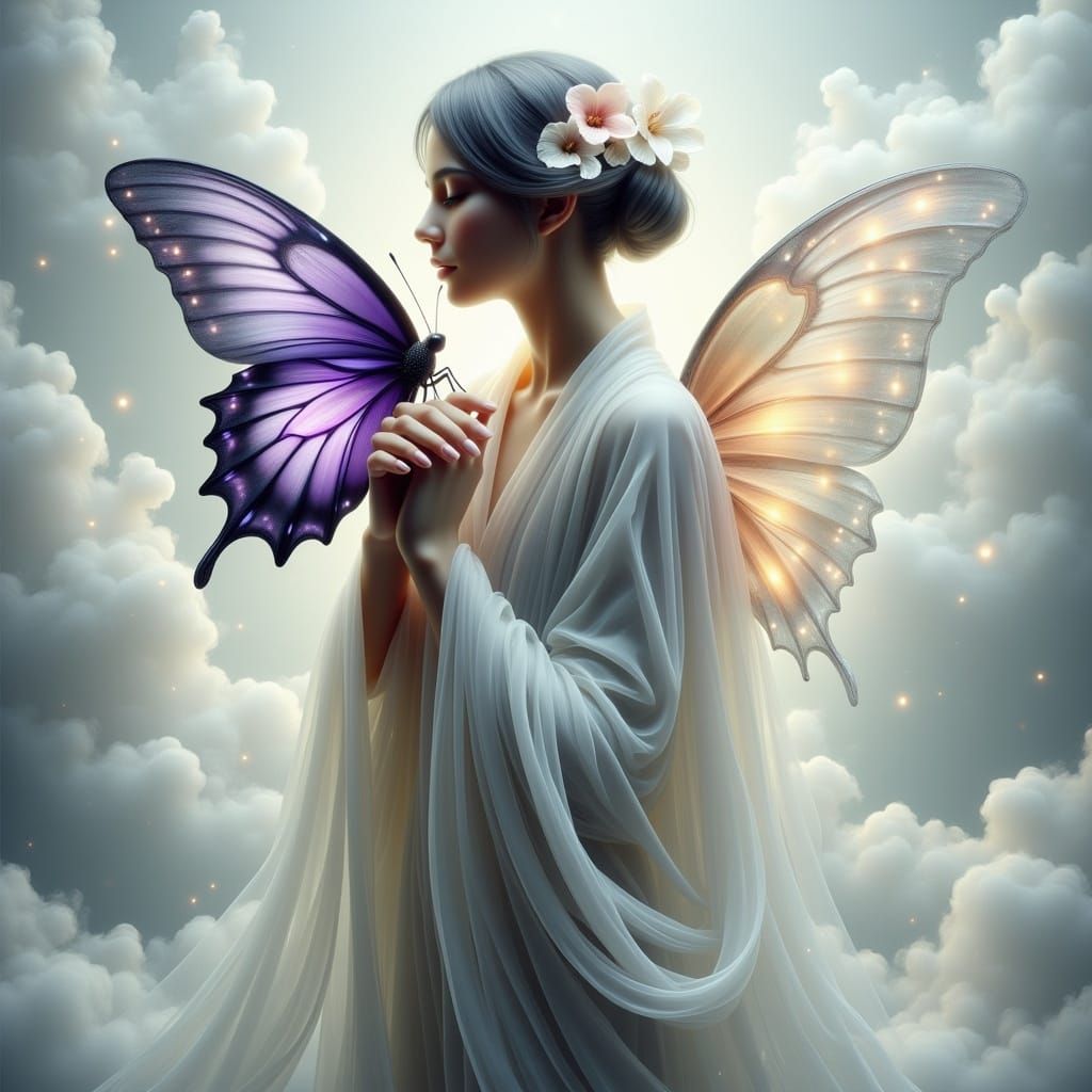 Ethereal Angel with Butterfly in Art Nouveau Style