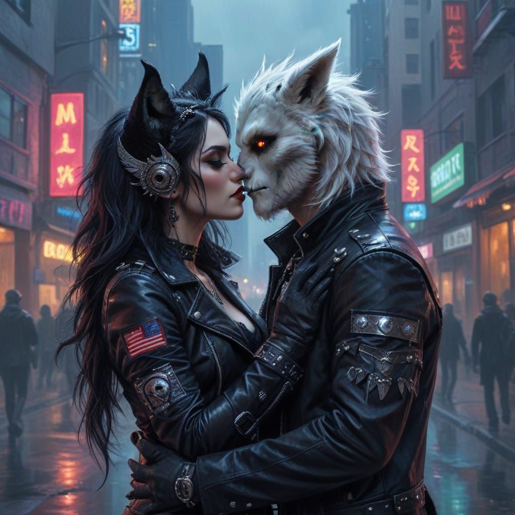 Romantic Kiss of Wolf Woman and Owl Man