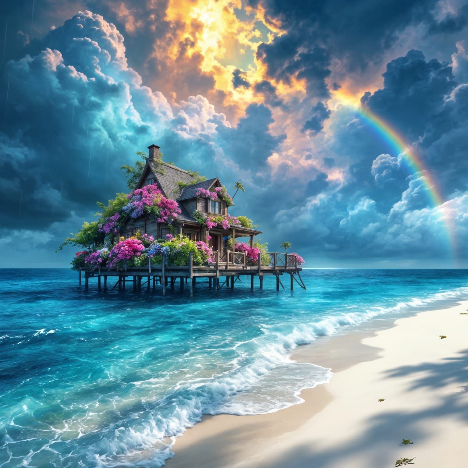 Surreal Floating Abode in Whimsical Rainy Paradise