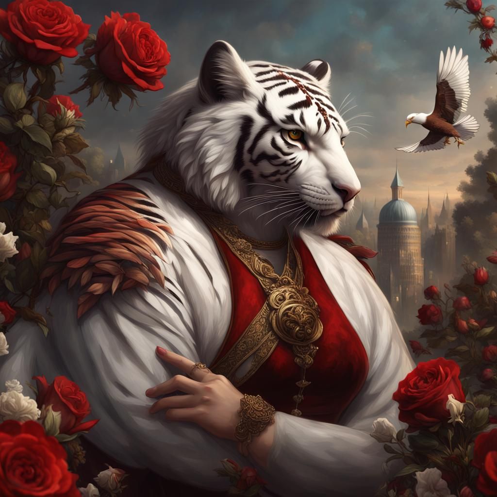 Detailed Matte Painting of Girl with Tiger and Eagle