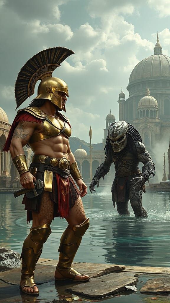 Spartan Warrior Versus Predator in Art Deco City
