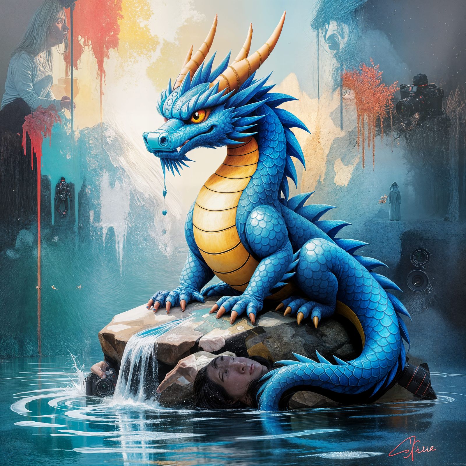 Blue Dragon on Rock in Graffiti Art Style