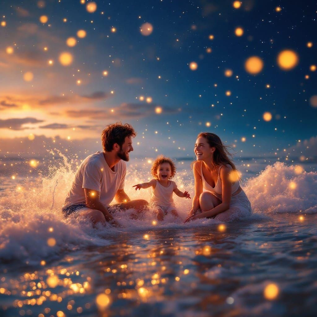 Magical Happy Family Beach Holiday Scene in Photorealistic S...