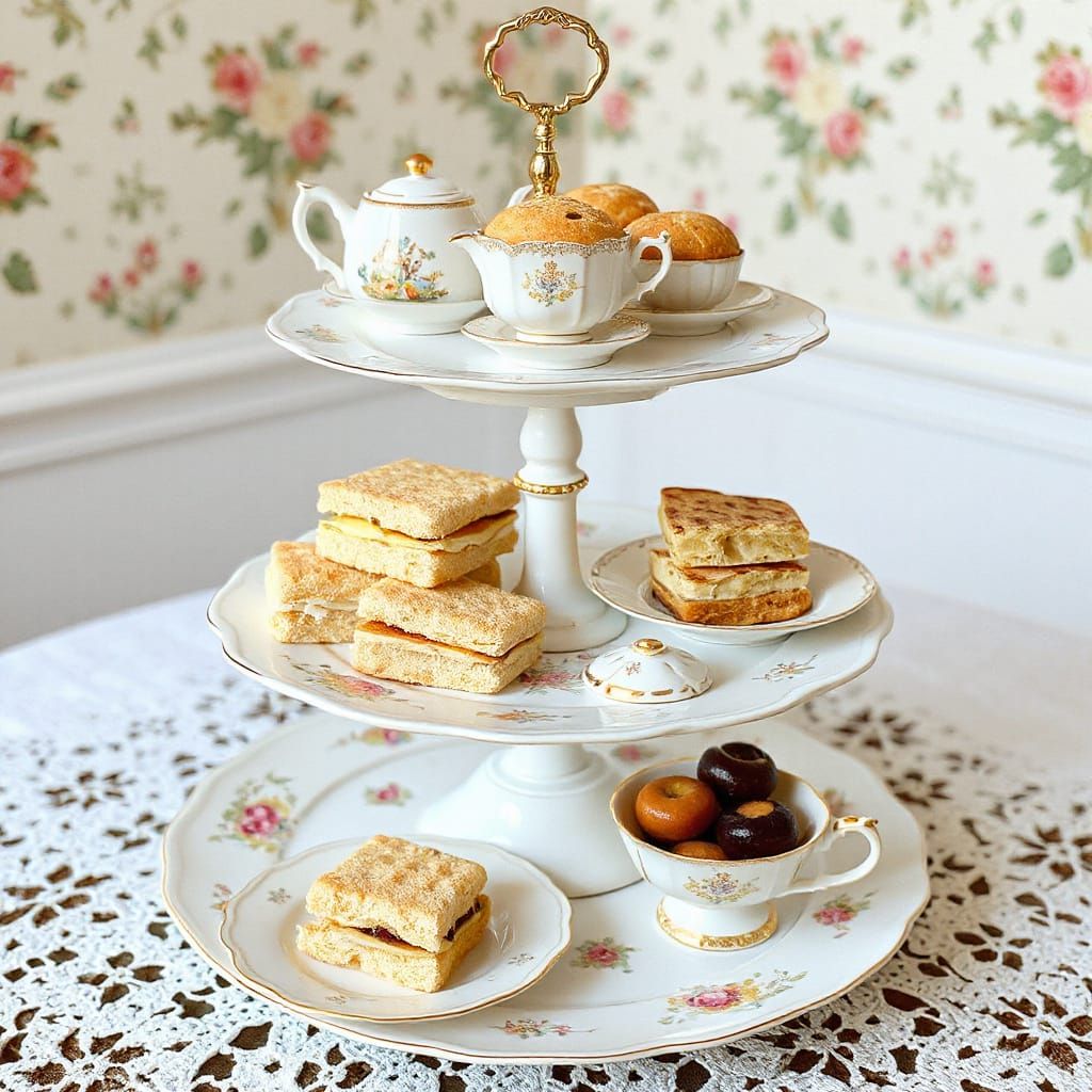 Victorian Tea Party Display in Whimsical Watercolor Style