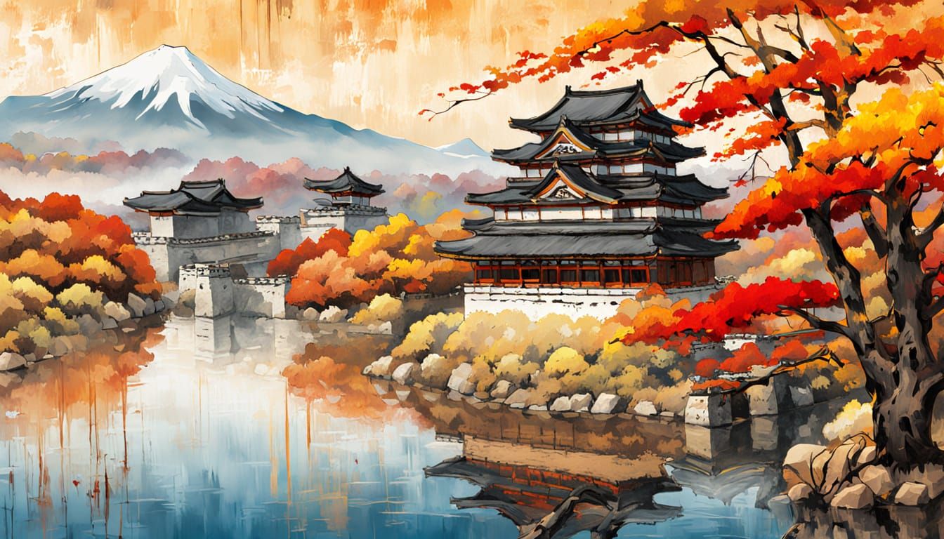 Edo Castle Ruins in Autumn, Impasto Oil Painting
