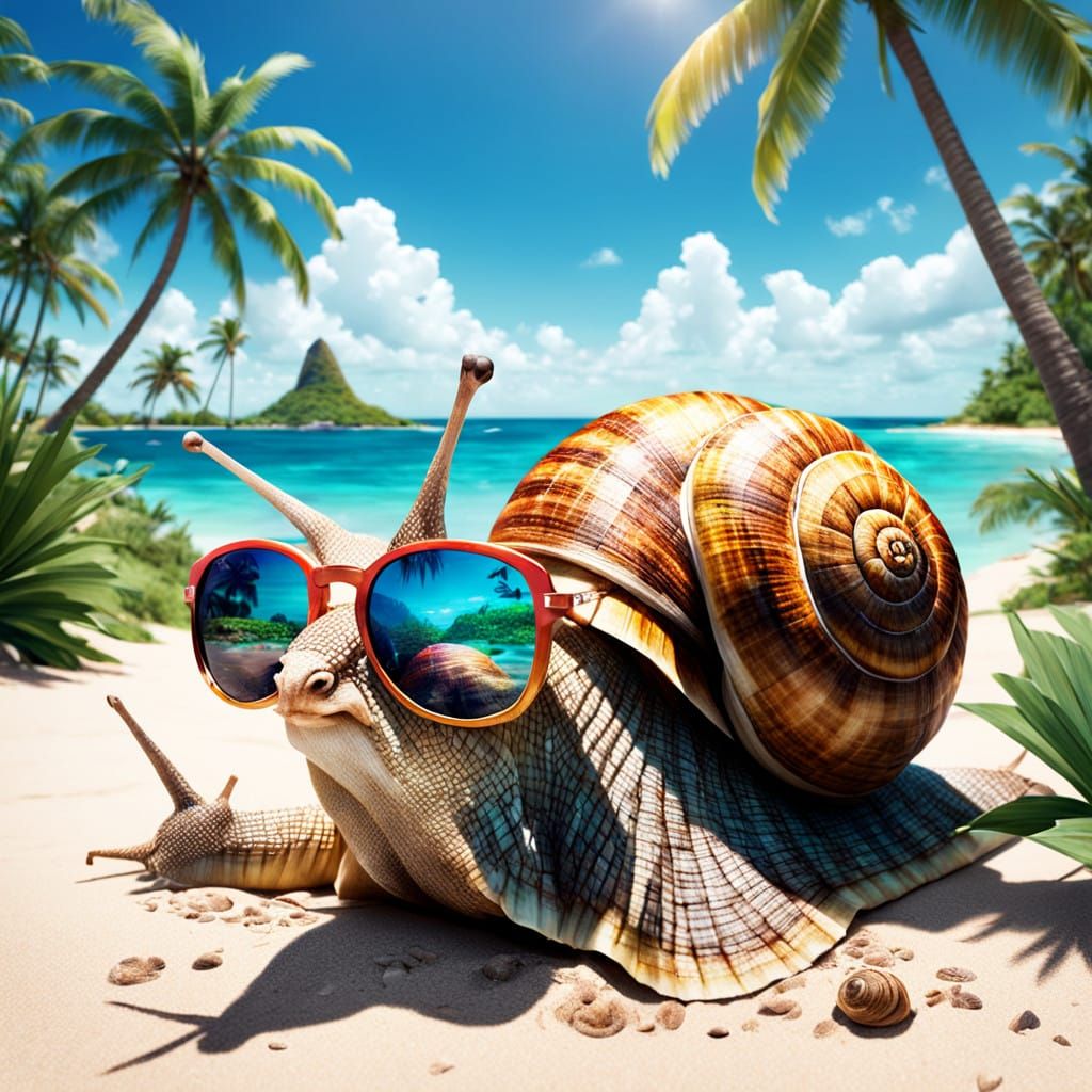 Hyperrealistic Tropical Beach Scene with Fantasy Snail in Su...