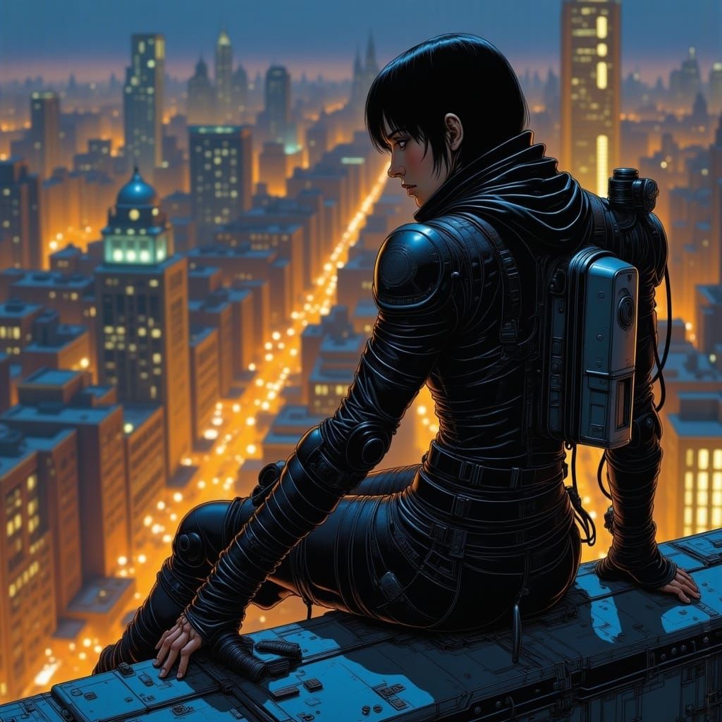 Cyberpunk Assassin on Rooftop at Night in Neon-Lit Cityscape