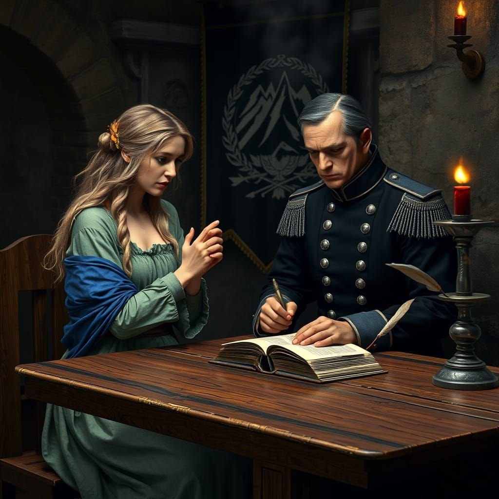 Medieval Maiden Pleads to Oblivious Clerk in Dimly Lit Alcov...