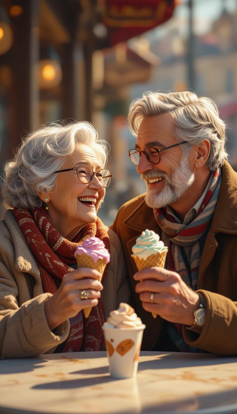 Elderly Couple Laughing, Enjoying Ice Cream, Digital Art