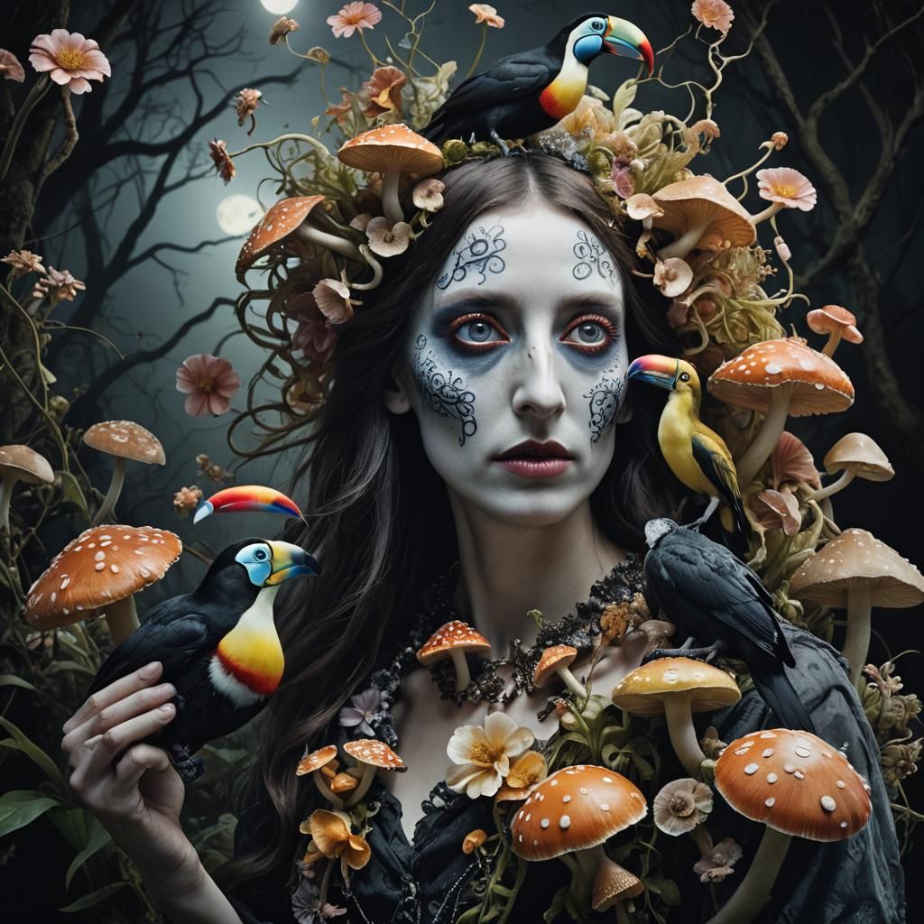 Toucan Octopus Hybrid in Rococo Forest