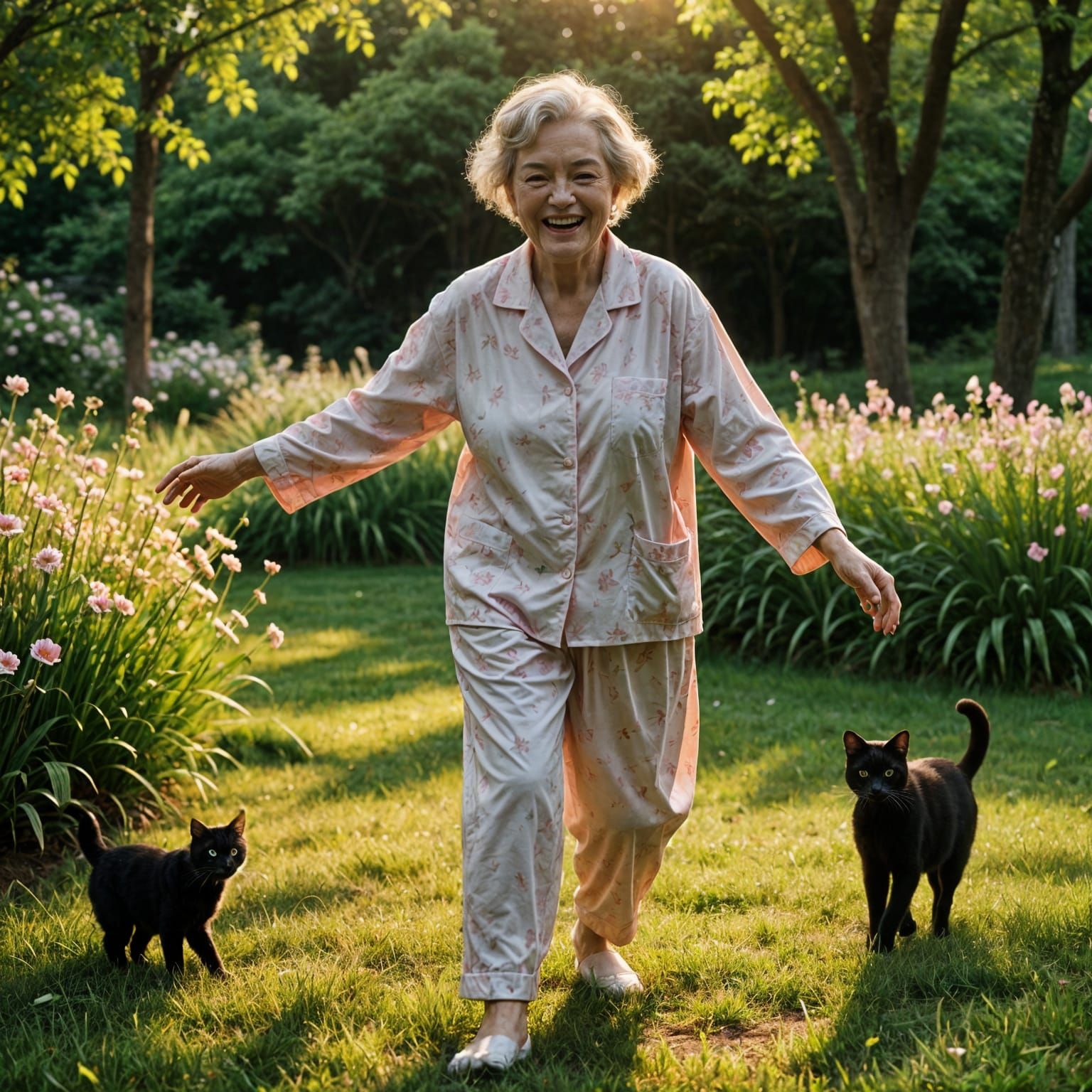 Whimsical Grandma Dancing in Sunset Glow