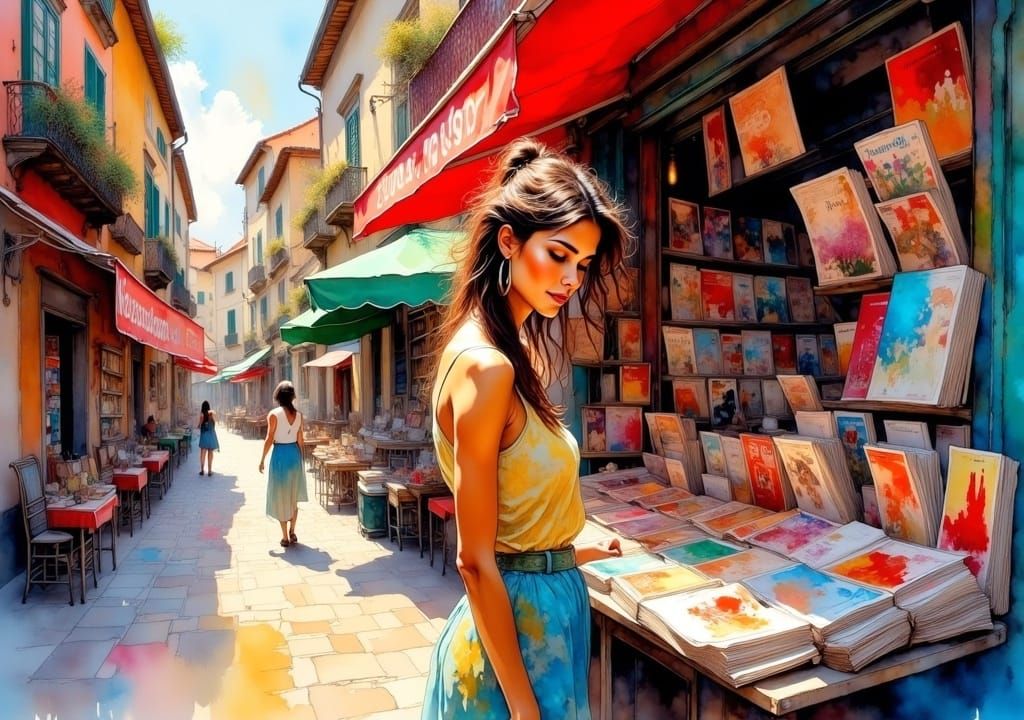 Woman at Kiosk in Neo-Impressionist Oil Painting