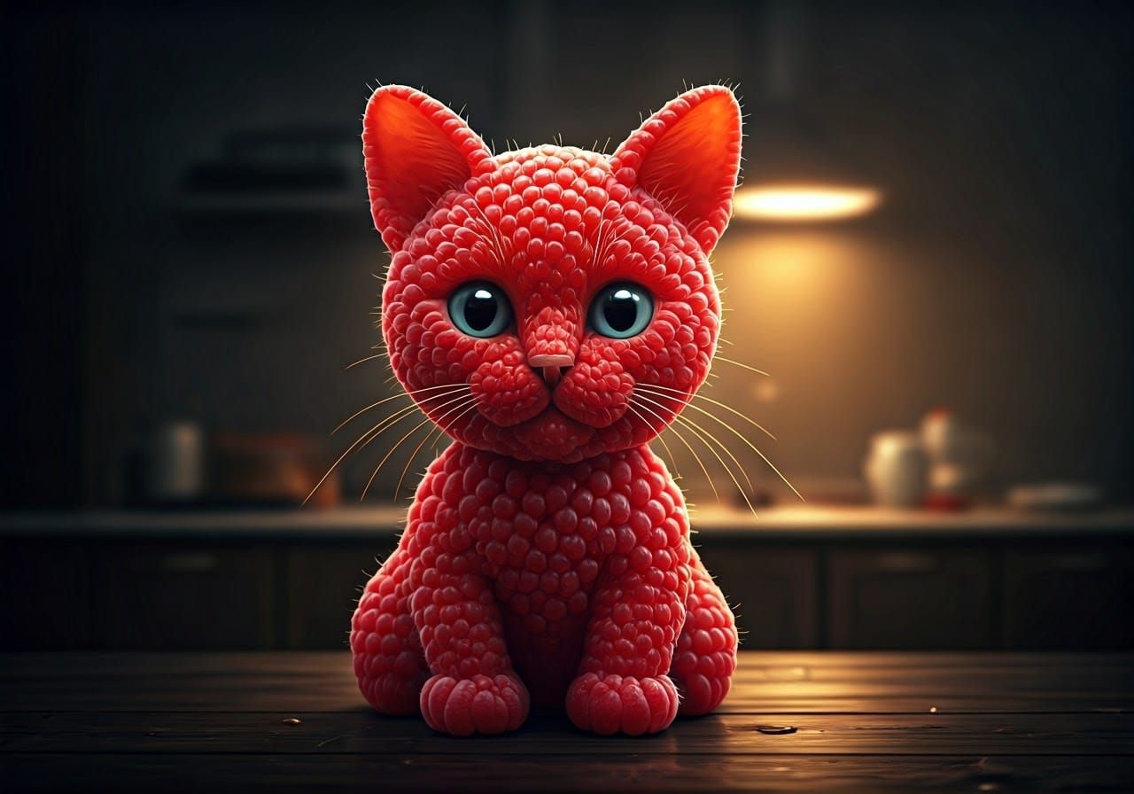 Whimsical Raspberry Kitten in Dreamy Kitchen Scene