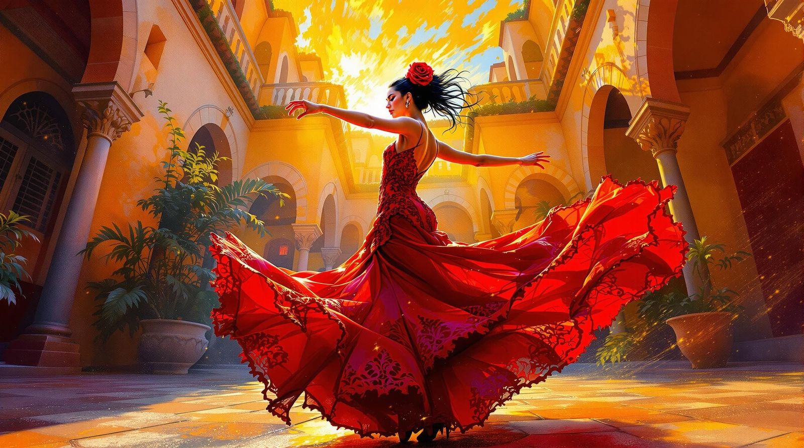 Flamenco Dancer in Golden Spanish Courtyard