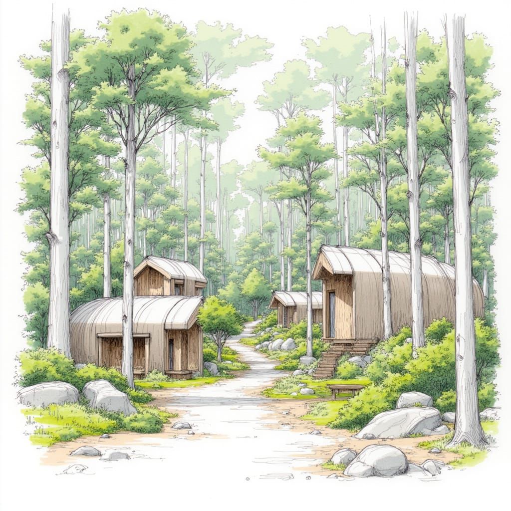 Hidden Forest Habitat Design Sketch with Organic Shelters