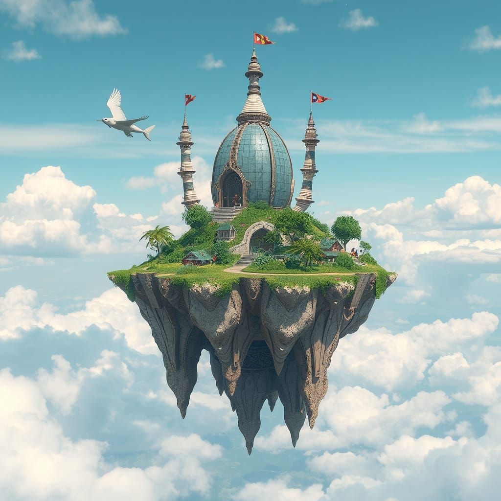 Photorealistic Techno fantasy floating island
