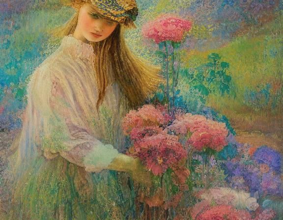 Ethereal Nymph with Flowers in Neo-Impressionist Style